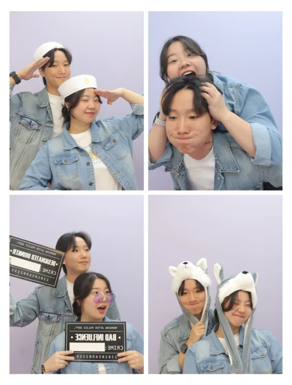 One of our old photo booth prints: two friends in denim jackets, four poses